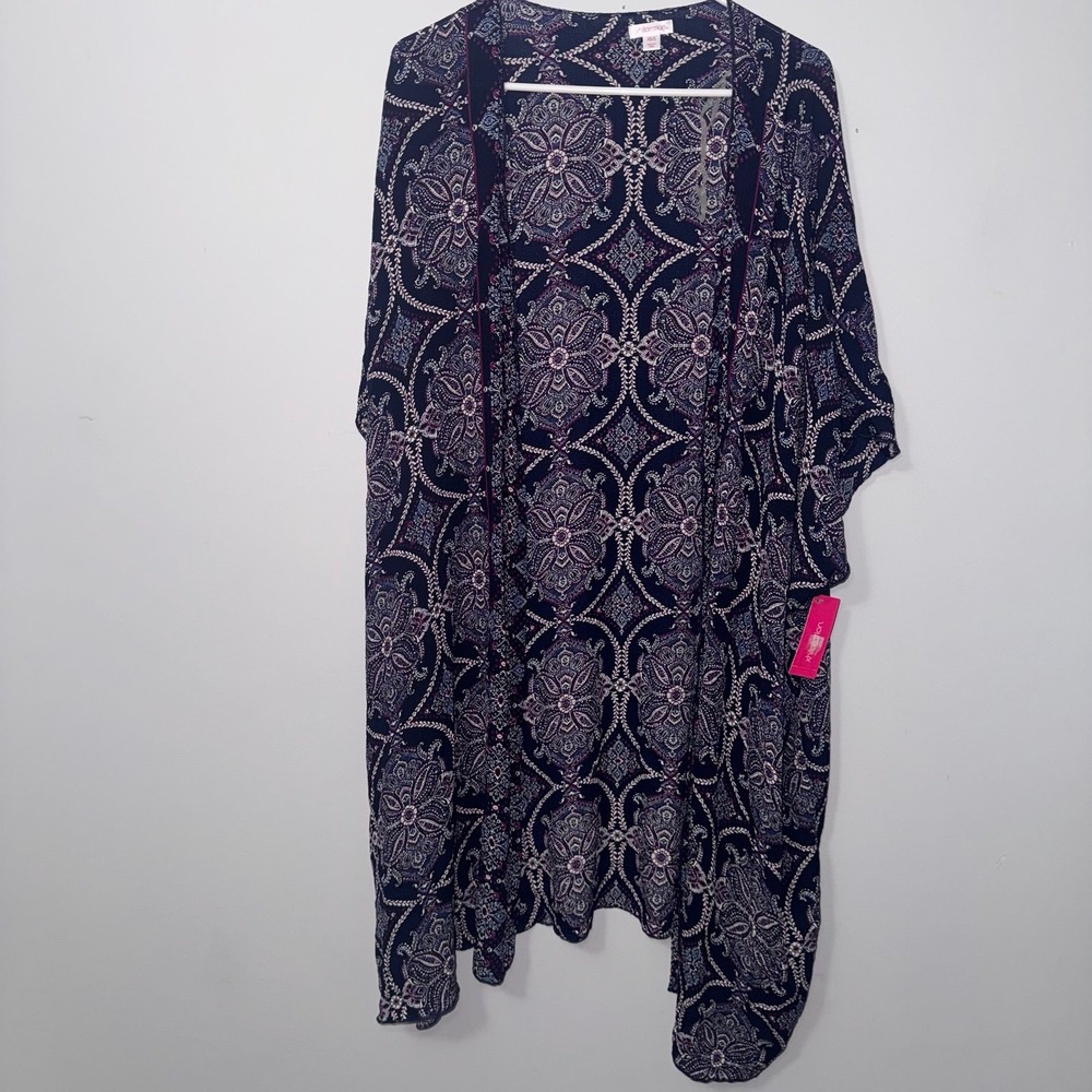Xhiliration Women's Kimono Wrap Cardigan Sheer Navy Blue & Pink Lace Trim - XS/S